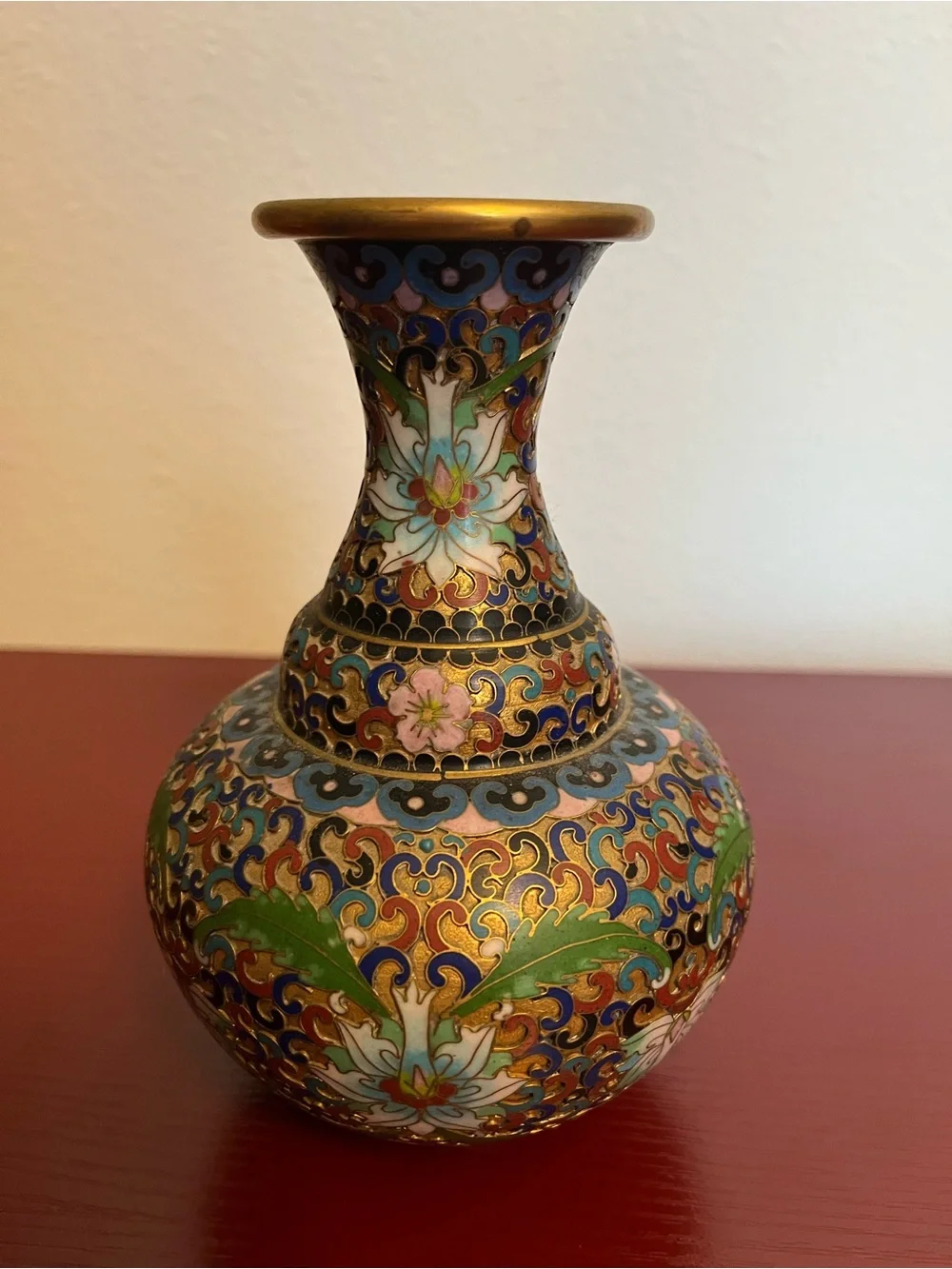 Vintage Chinese Cloisonné 6-Inch Brass Vase Intricate Lotus Flower & Swirl Motif